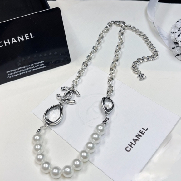 Chanel Double C Gunmetal Double Drop Chain Pearl Necklace - Picture 8 of 8